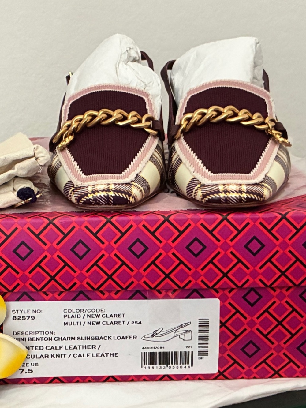Tory Burch Mini Benton Plaid Claret Charm Slingback Loafers Sandal